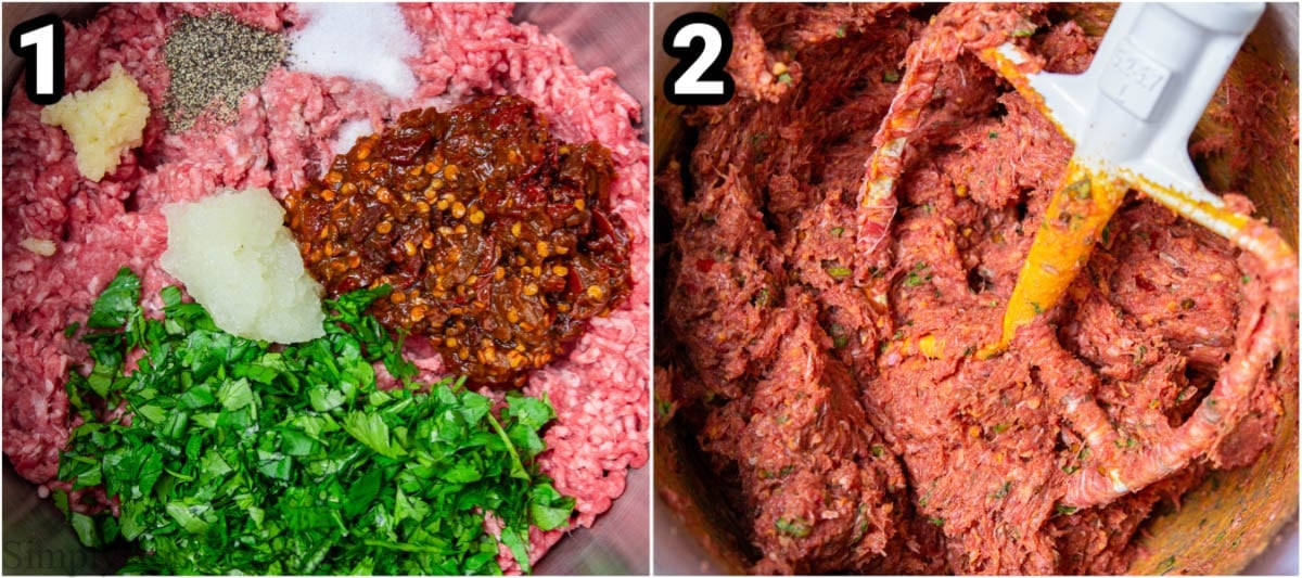 These Spicy Chipotle Burgers are sure to please your entire family. They are spicy, juicy, and taste great with a creamy, cool avocado sauce. #creamyavocadosauce #spicyburgerpattyrecipe #homemadeburgerdinner #summerdinnerideas Steps to make chipotle burgers with avocado sauce, including mixing spices and herbs into ground beef with the paddle attachment of a stand mixer.