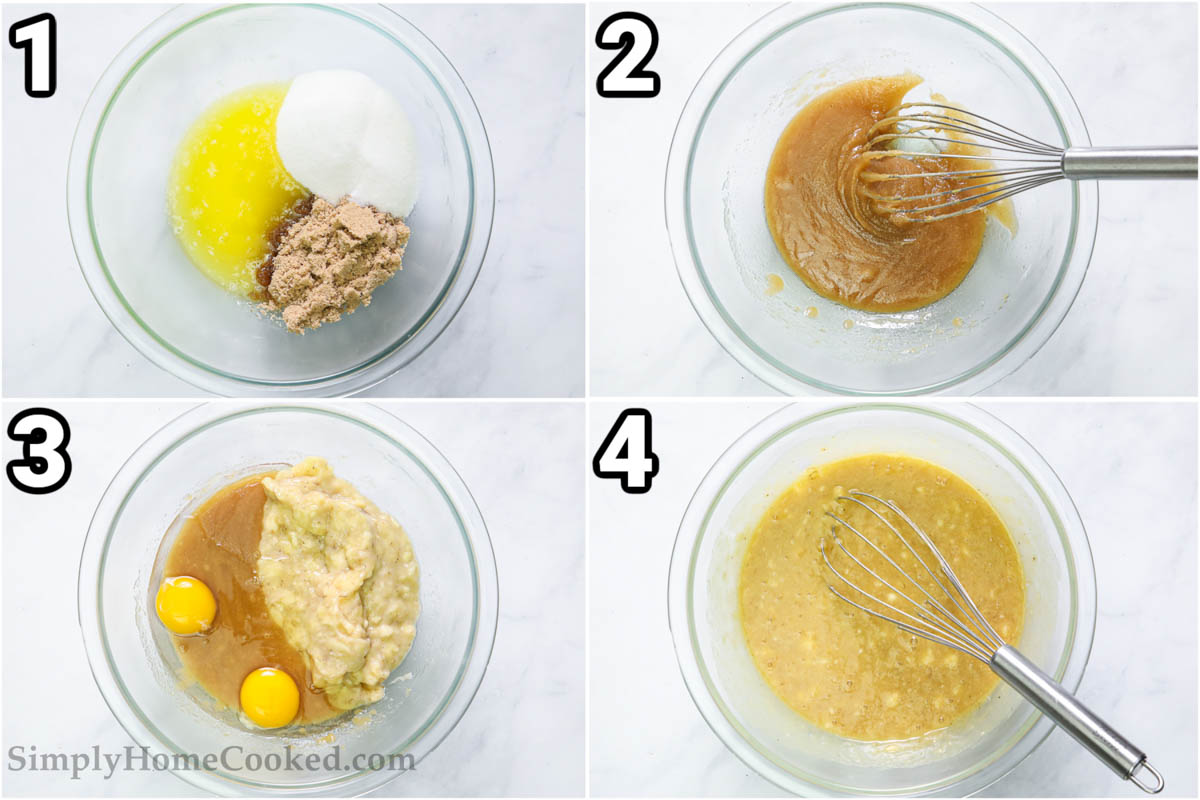 Steps to make Double Chocolate Banana Bread: whisk the wet ingredients in a bowl.