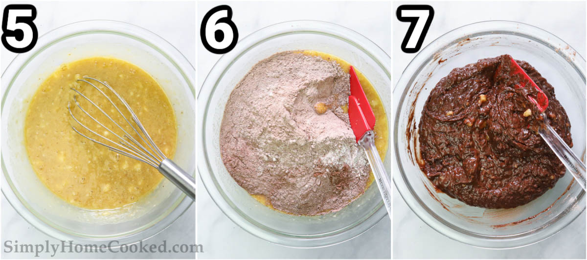 Steps to make Double Chocolate Banana Bread: adding the flour and cocoa powder, and mixing with a spatula.