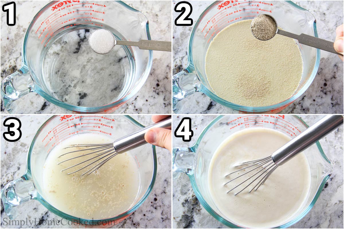 Steps to make Focaccia Bread: frothing the yeast in a measuring cup.