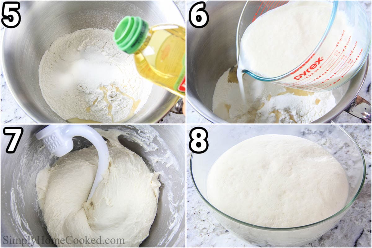 Steps to make Focaccia Bread: mixing the dough ingredients with a hook attachment and letting the dough rise.