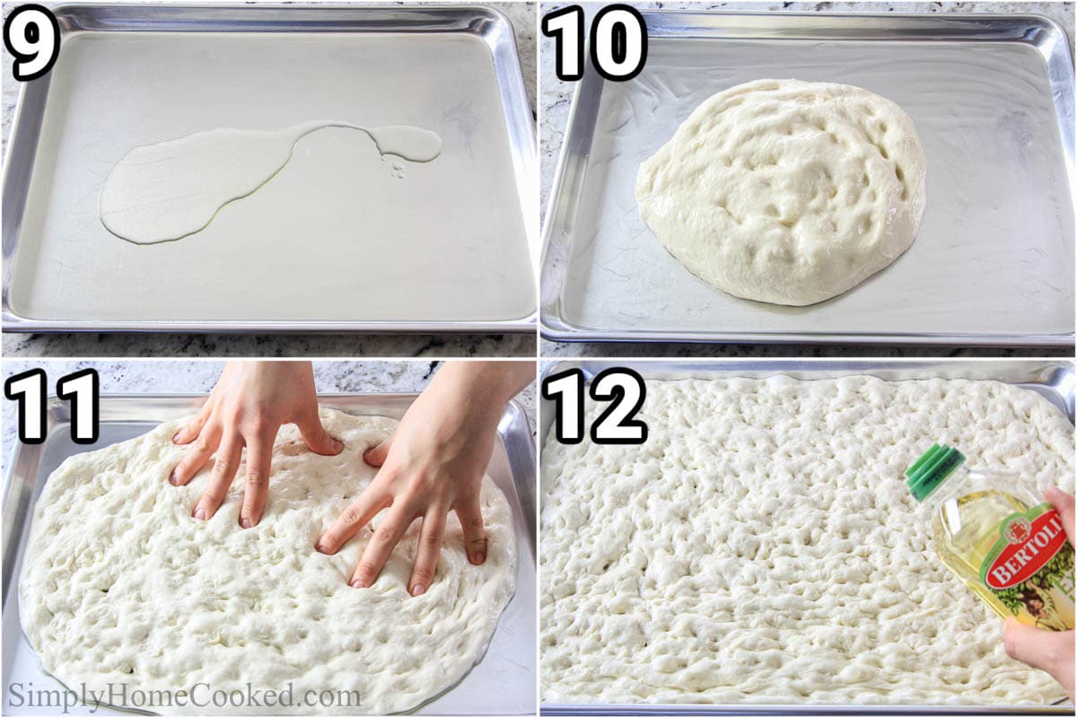 Steps to make Focaccia Bread: oiling the pan and flattening the dough with dimples in it, then topping with oil.