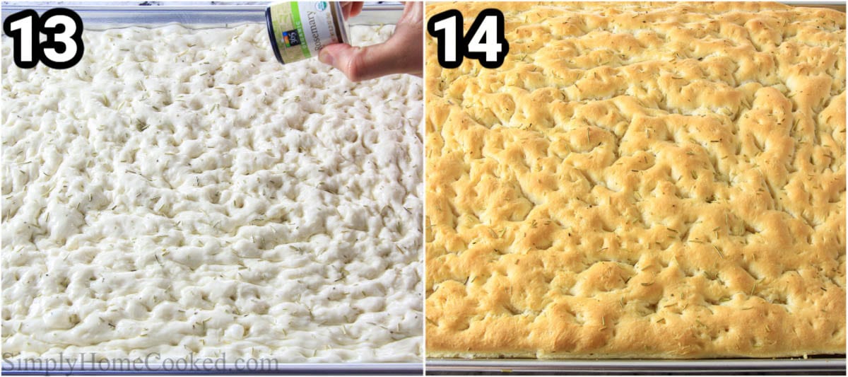 Steps to make Focaccia Bread: sprinkling rosemary on top and baking.