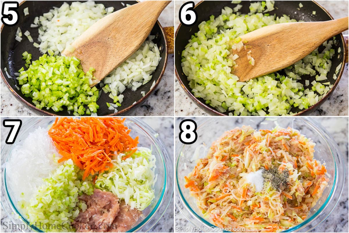 Steps to make Fried Spring Rolls: saute the onion and celery, then add them to  carrots, chicken, bean threads, and cabbage, and mix. 