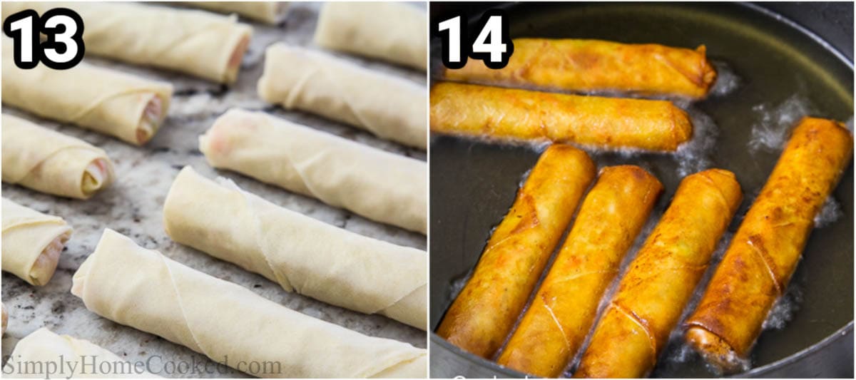 Steps to make Fried Spring Rolls: fry the assembled spring rolls in oil.