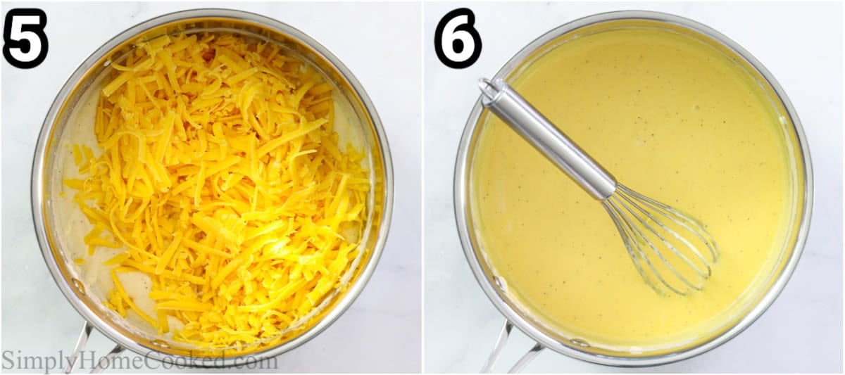 Steps to make Pretzel Cheese Dip: adding the cheese to the pot and stirring until smooth.