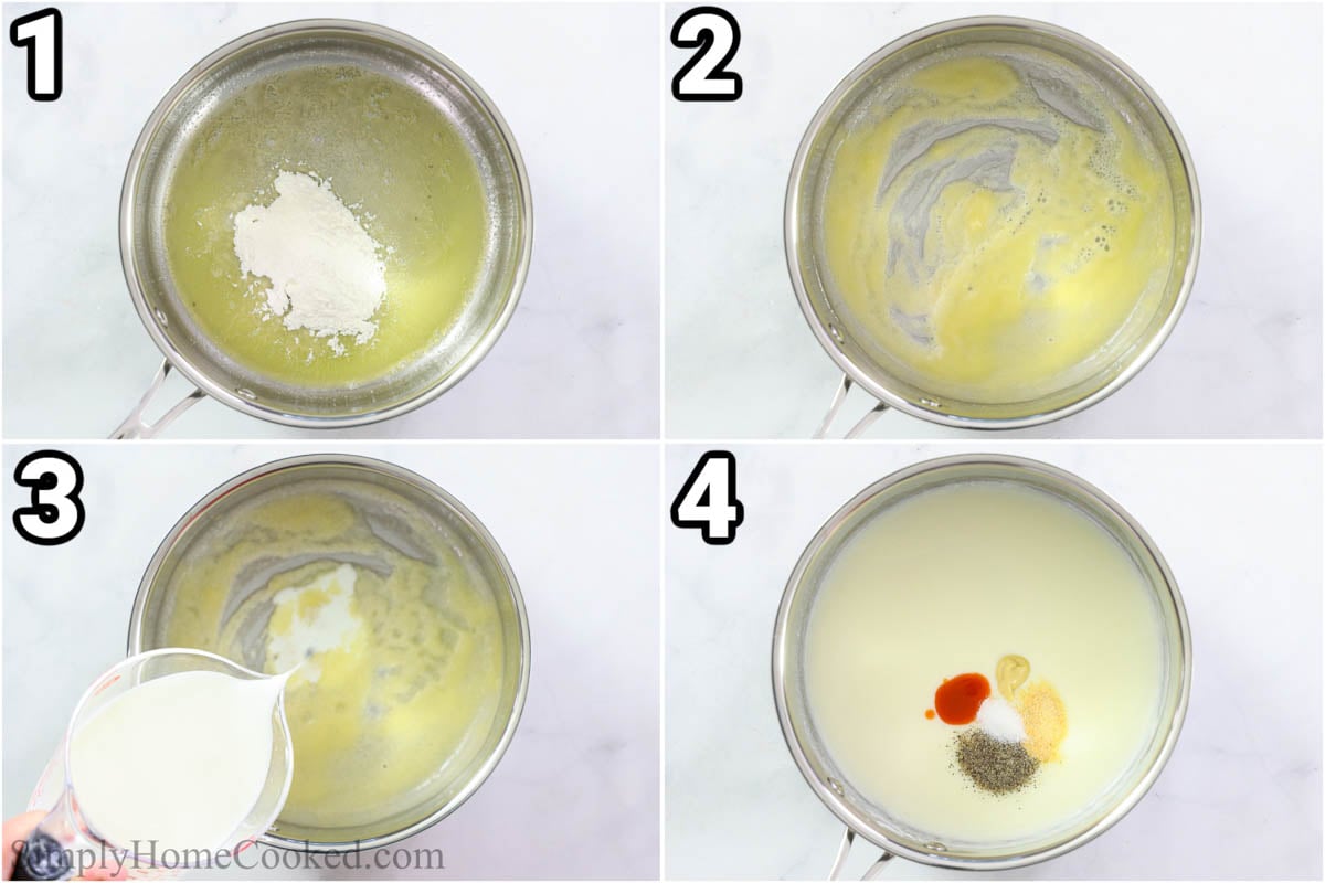Steps to make Pretzel Cheese Dip: make a roux of flour and butter, then add milk, and finally add the seasonings, hot sauce, and mustard.
