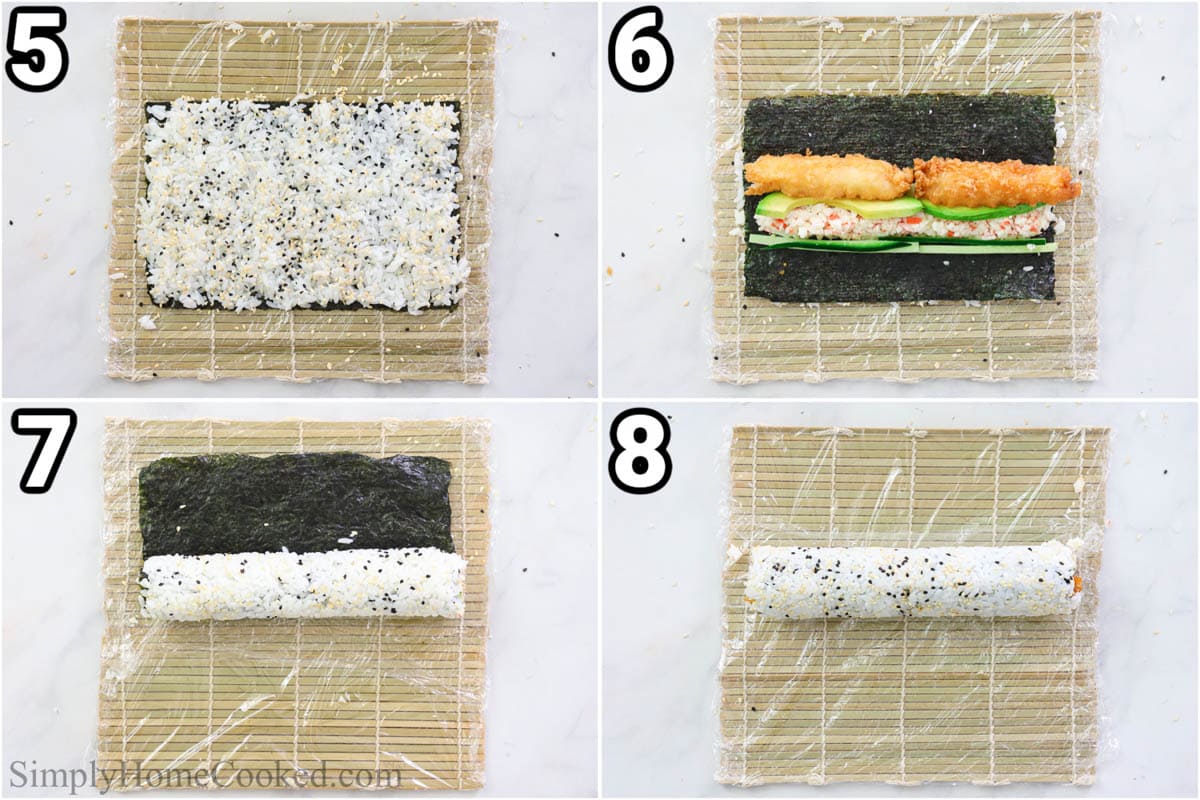 Steps to make Dynamite Roll: roll the nori, rice, shrimp tempura and veggies with imitation crab using a bamboo mat.