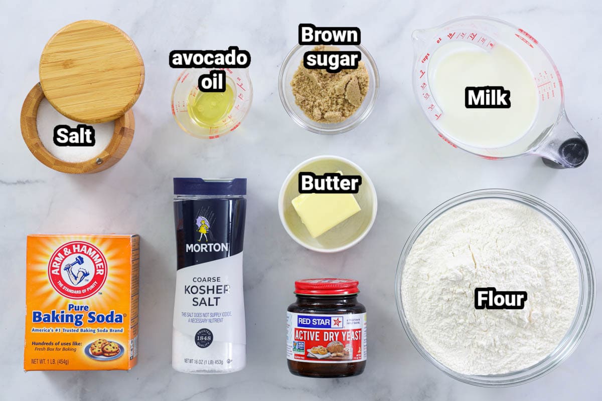 Ingredients for Soft Pretzel recipe: flour, milk, butter, brown sugar, yeast, salt, oil, and baking soda.