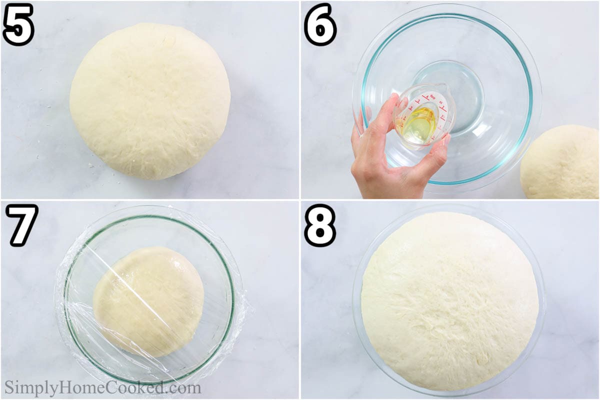 Steps to make Soft Pretzel recipe: working the dough into a ball, oiling it in a bowl, and then letting it rise.