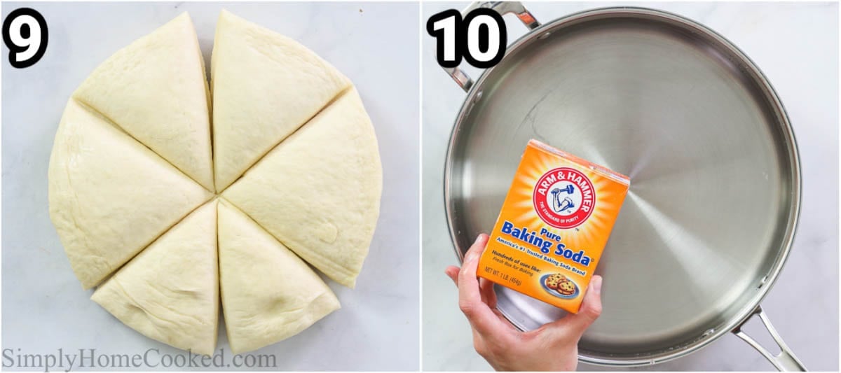 Steps to make Soft Pretzel recipe: portioning the dough into 6 pieces, then making a baking soda bath in a skillet.