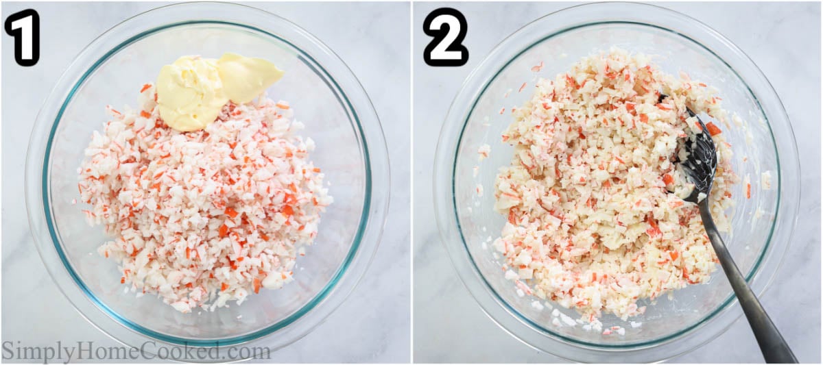Steps to make Spicy Salmon Roll: mix the imitation crab with the Japanese mayo with a wooden spoon in a bowl.