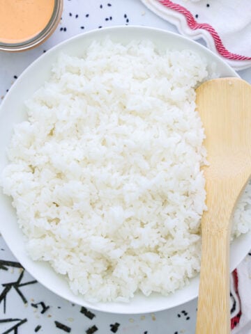Bowl of Sushi Rice with a wooden paddle