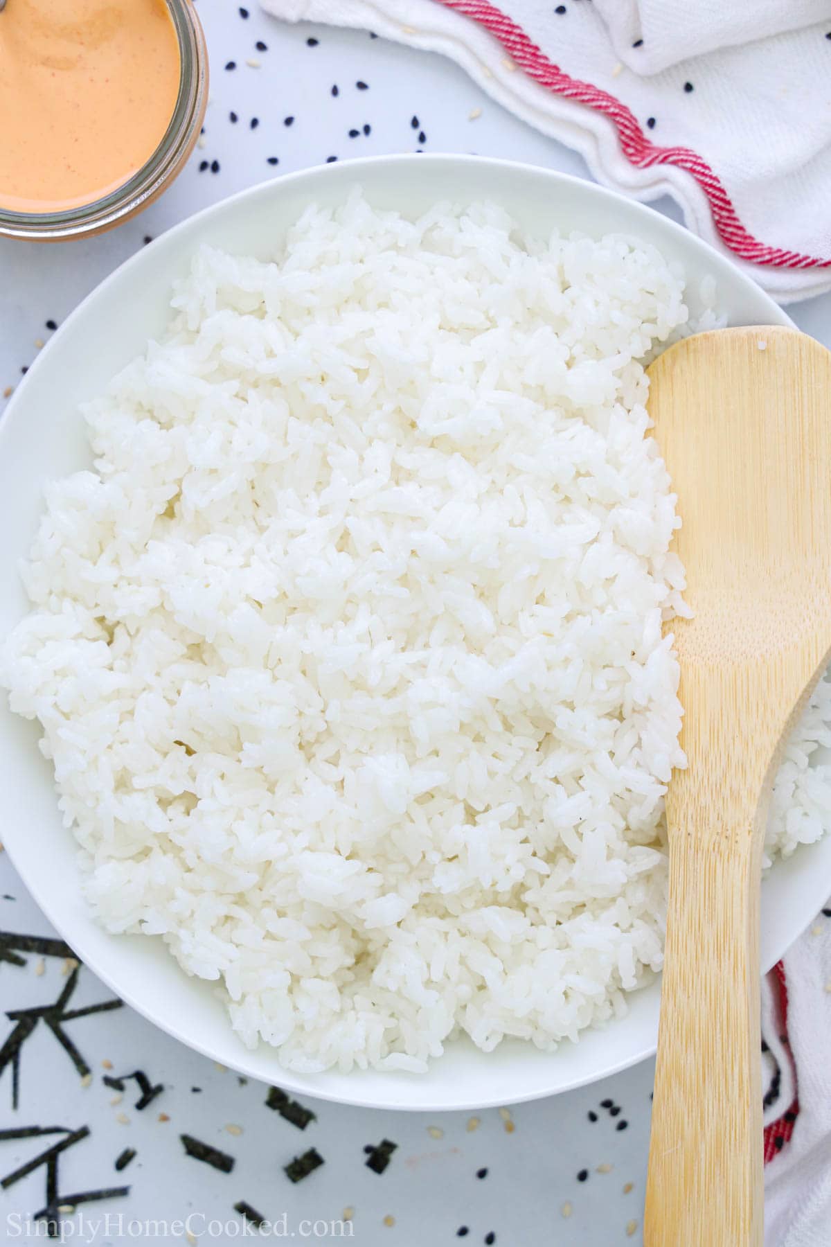 Bowl of Sushi Rice with a wooden paddle