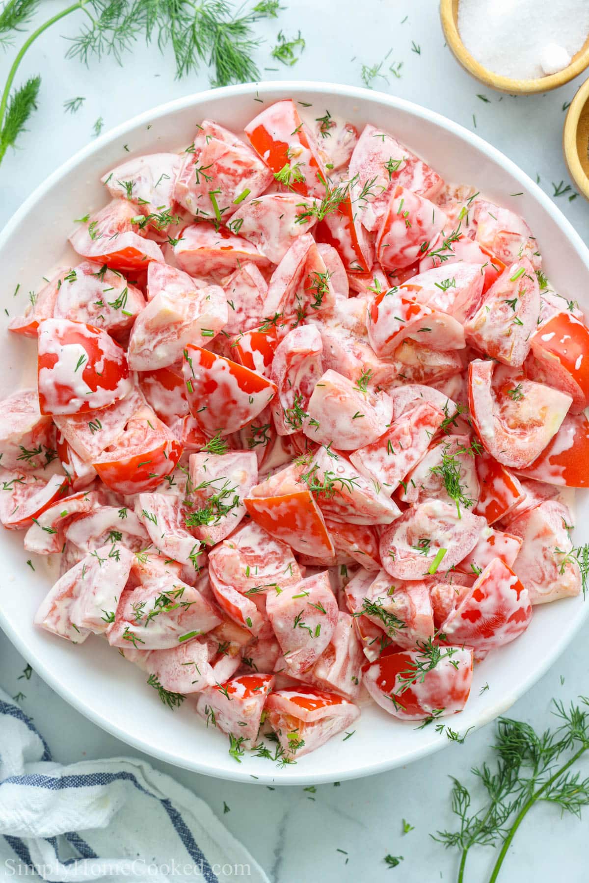 A Tomato Salad Recipe with the juicy vine-ripened tomatoes and creamy dressing is the ideal addition to your summer dinner table this year! #tomatosalad #summersalad #saladrecipe #easysalad #gardensalad Plate of Tomato Garlic Salad topped with fresh dill.