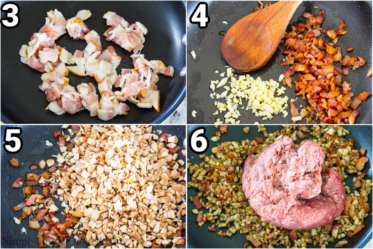 Steps to make Keto Stuffed Mushrooms: saute the bacon, garlic, and then add the mushroom pieces and ground beef.