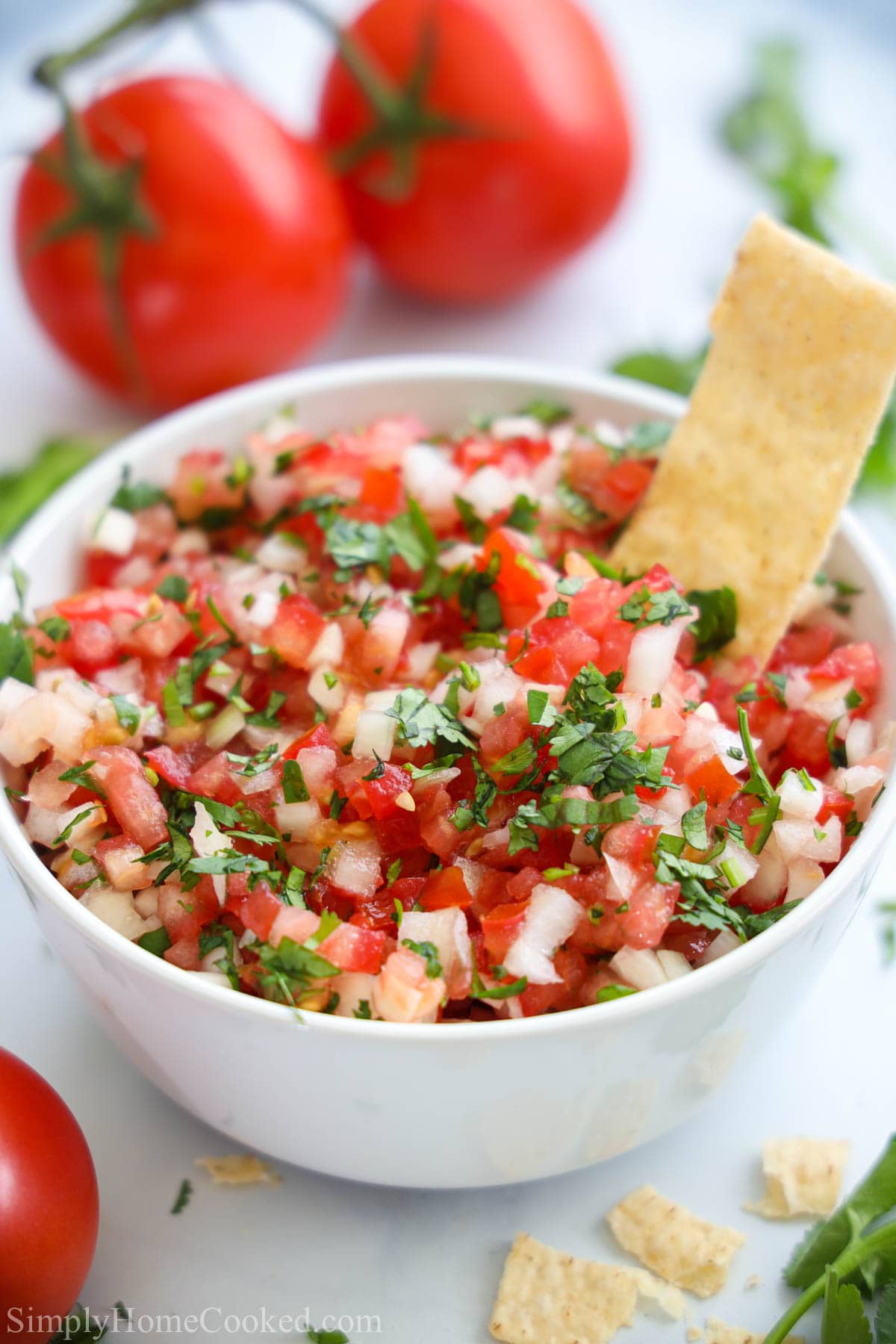 This Homemade Pico de Gallo is such a healthy side dish. Made with diced vegetables and lime juice, it is fresh and flavorful. #healthypicodegallo #homemadepicodegallo #homemadepicodegallorecipe #picodegallorecipe Pico de Gallo in a white bowl with a tortilla strip in it