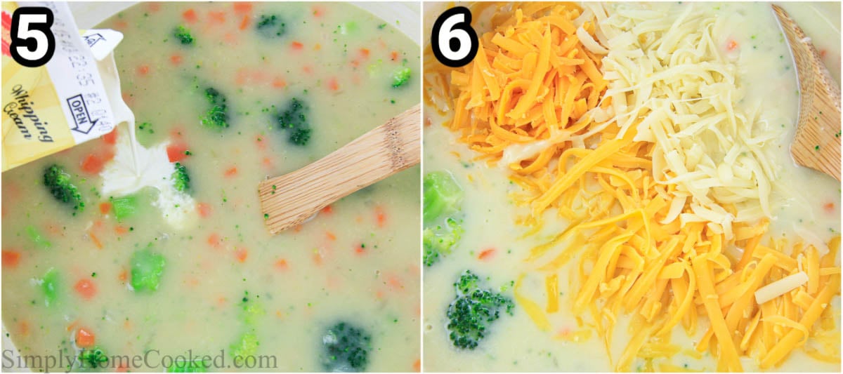 Steps to make Broccoli Cheddar Soup: adding the heavy cream and stirring in the cheeses.