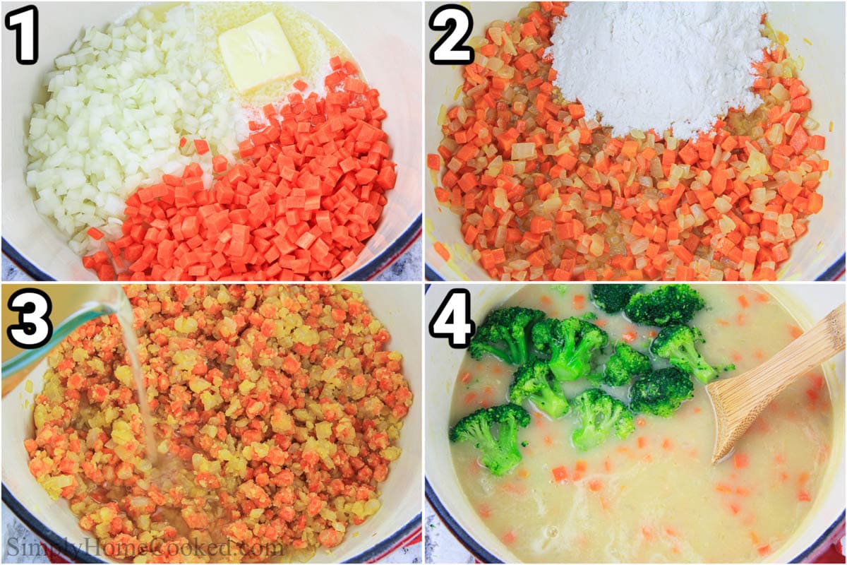 Steps to make Broccoli Cheddar Soup: sauteing the vegetables, browning the flour, adding the broth, and stirring in the broccoli. 