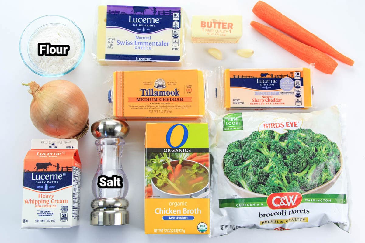 Ingredients for Broccoli Cheddar Soup: flour, butter, broccoli, chicken broth, carrots, nion, garlic, cheddar cheese, swiss, salt, and heavy cream.