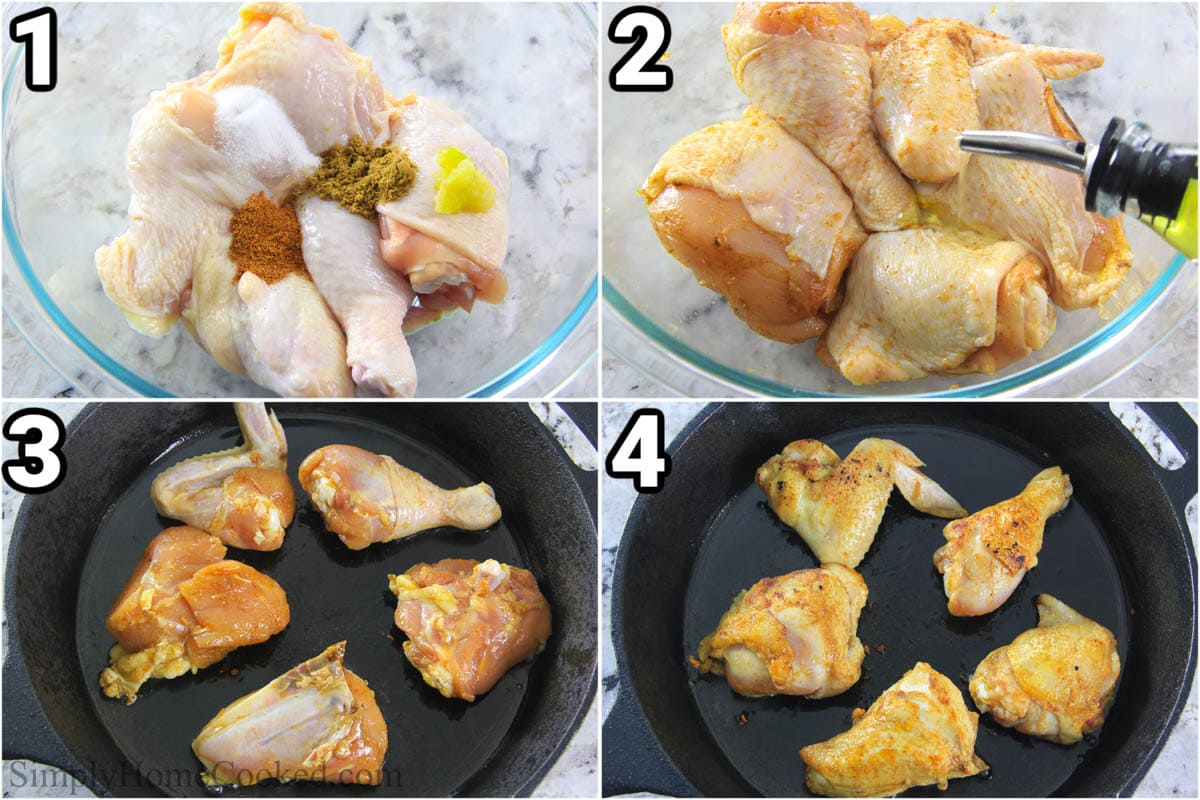 Steps to make One Pan Chicken and Potatoes: combine the chicken with oil, garlic, and seasonings, then brown in a cast iron skillet.
