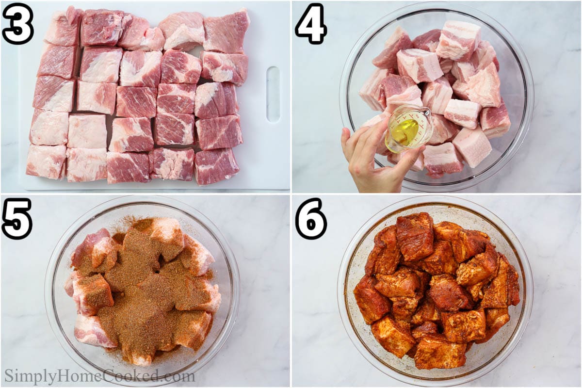 Steps to make Pork Belly Burnt Ends: cut the pork belly into cubes, then add oil and seasonings, mixing well in a bowl. 