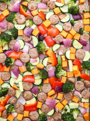 Sheet Pan Sausage and Veggies on a pan.