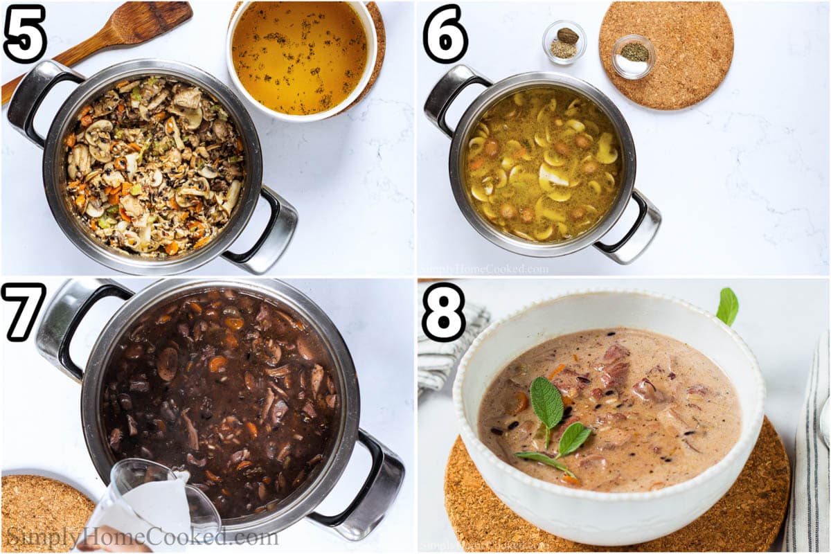 Steps to make Chicken Wild Rice Soup: adding the chicken broth and spices, then the heavy cream.