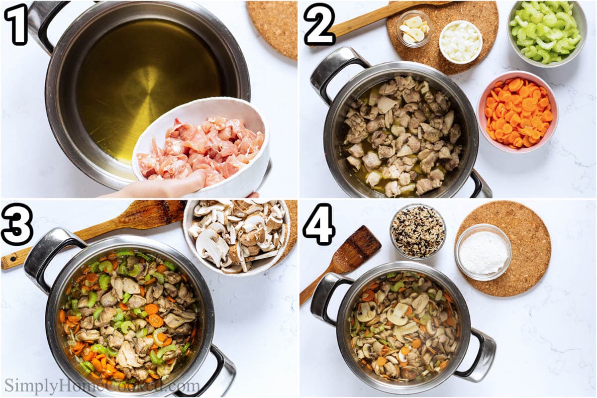 Steps to make Chicken Wild Rice Soup: cooking the chicken, and sauteing the vegetables in the pot.