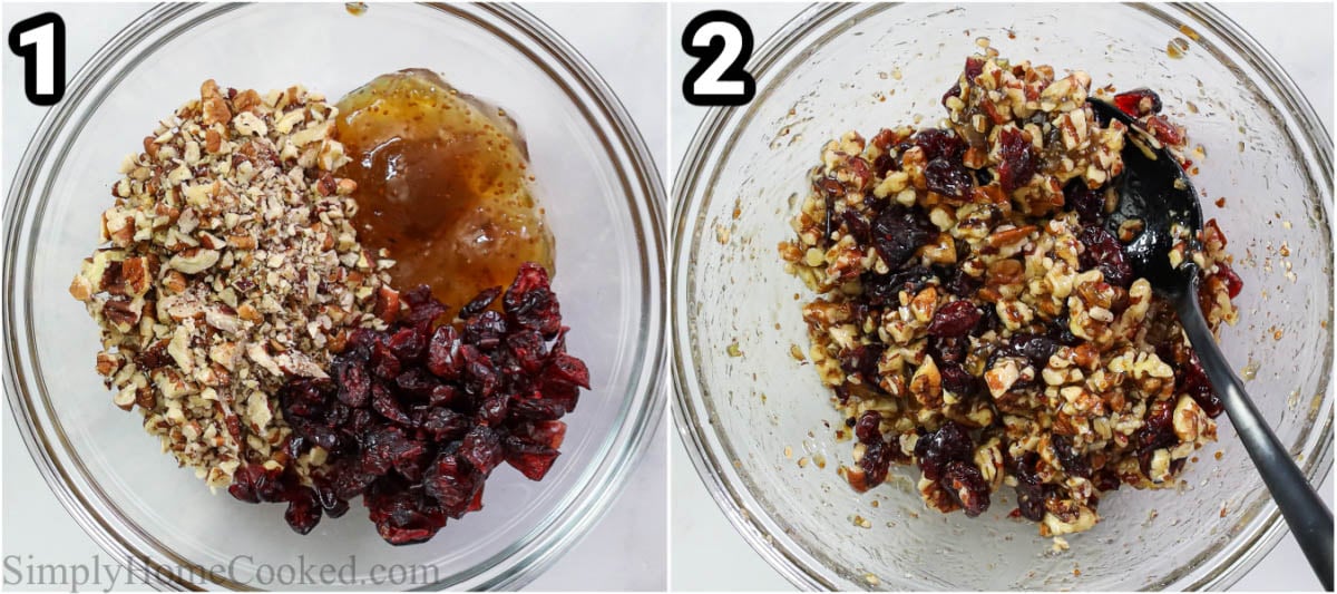 Steps to make Baked Brie in Puff Pastry: mix the pecans, jam, and cranberries together in a bowl with a spoon.