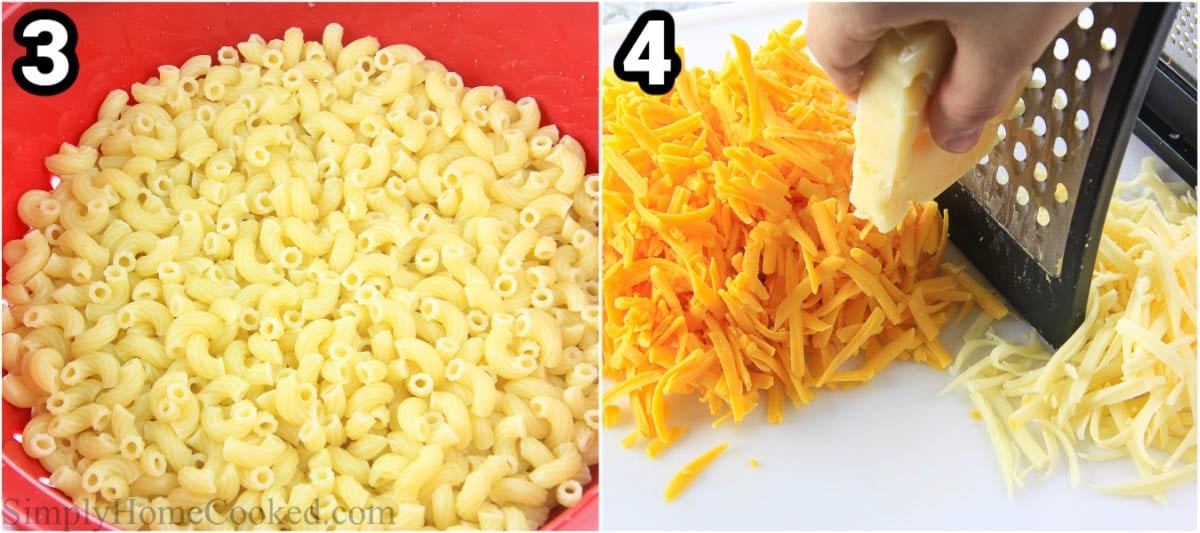 Steps to make Mac and Cheese: cook the pasta and shred the cheese. 