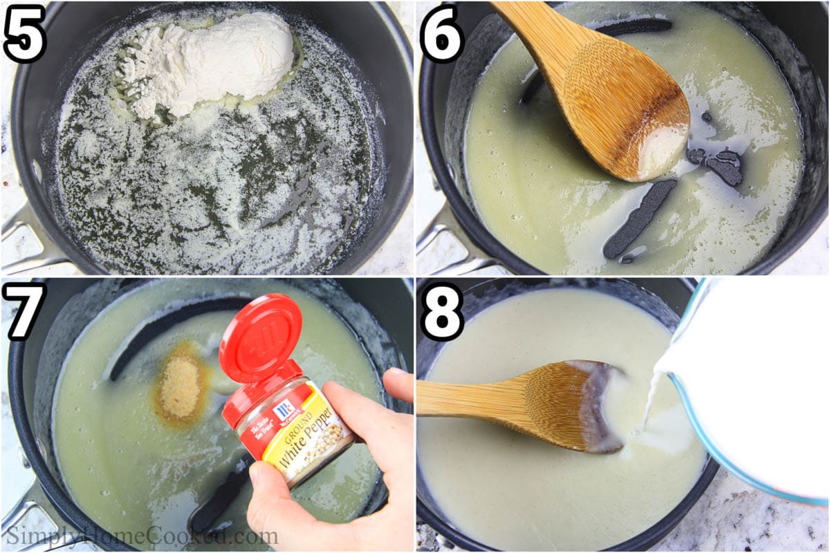 Steps to make Mac and Cheese: make the bechamel sauce with butter, flour, seasoning, and milk in a saucepan. 