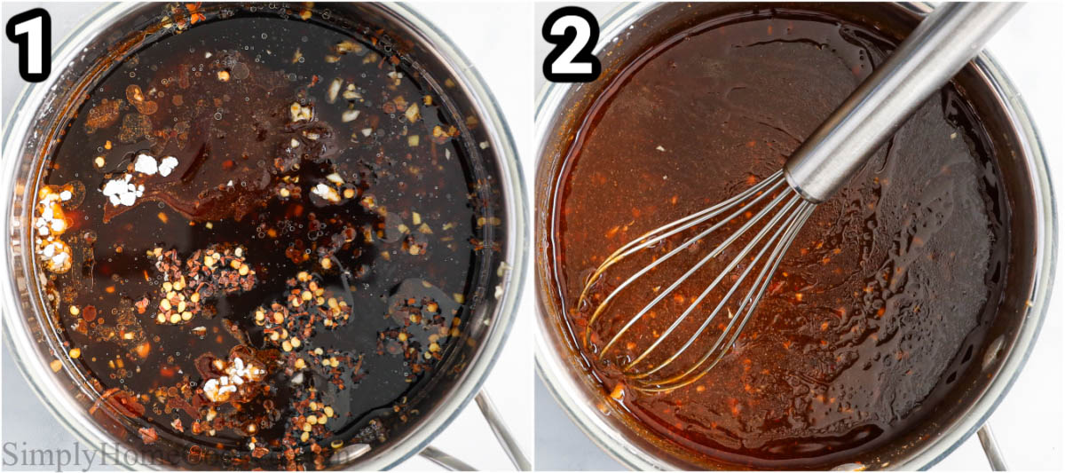 Steps to make Hunan Chicken: simmer and mix the sauce ingredients in a pot with a whisk.