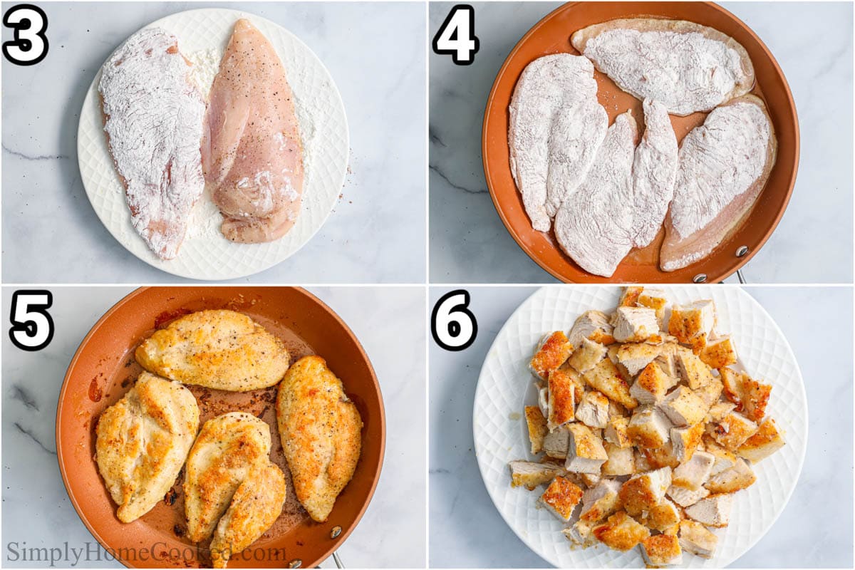 Steps to make Hunan Chicken: dredge the chicken, saute, it, let it cool, and then cut it into cubes.