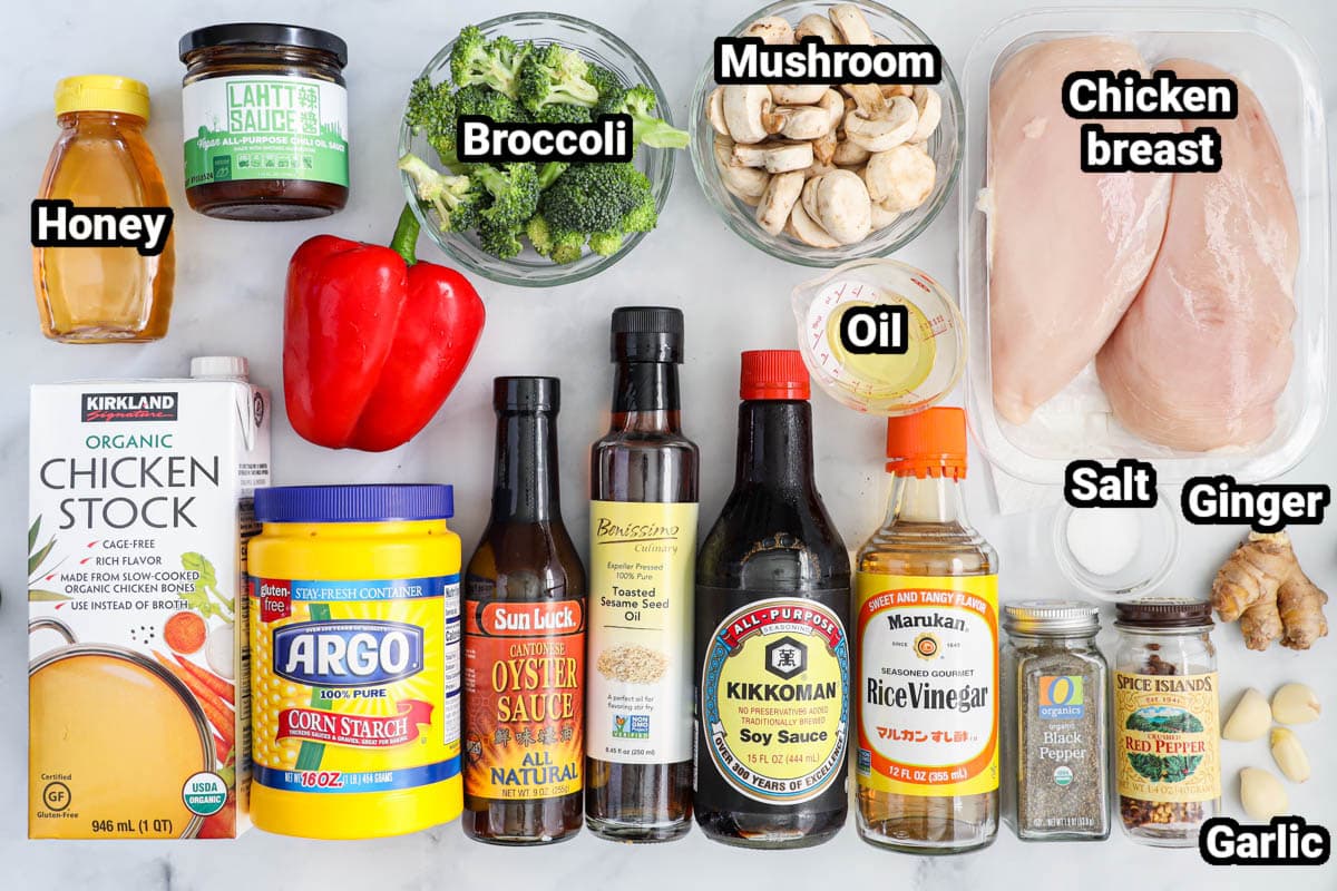 Ingredients for Hunan Chicken: chicken breasts, mushrooms, broccoli, chili bean sauce, honey, bell pepper, oil, ginger, salt, pepper, red pepper, flakes, garlic, rice vinegar, soy sauce, oyster sauce, sesame oil, cornstarch, and chicken stock.