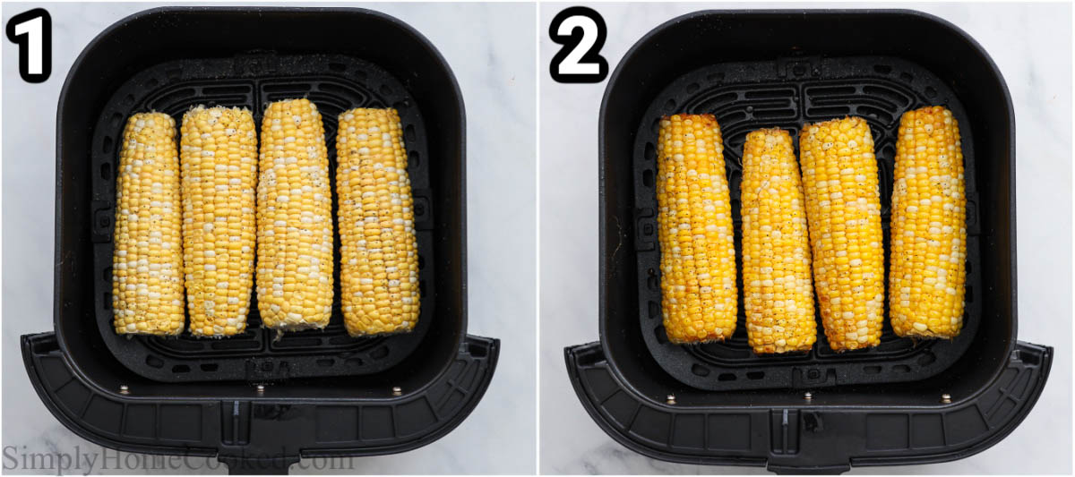 Steps to make Air Fryer Corn on the Cob: season the corn and cover with oil, then cook in the air fryer basket.