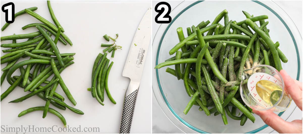 Steps to make Air Fryer Green Beans: trim the green beans then add oil and seasonings to them in a bowl. 