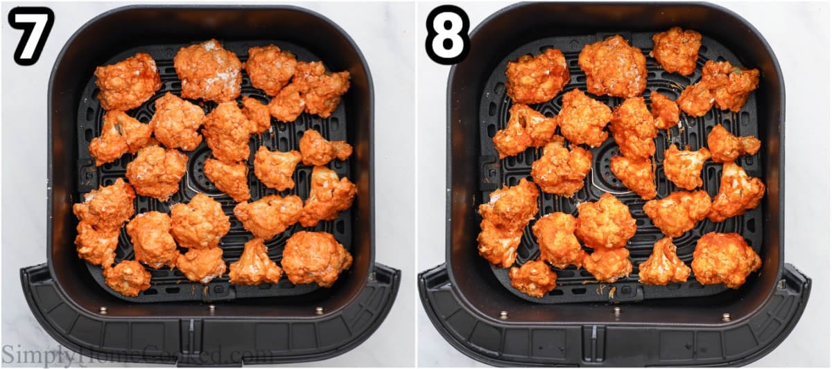 Steps to make Air Fryer Buffalo Cauliflower: placing the cauliflower into the basket for the air fryer and cooking.