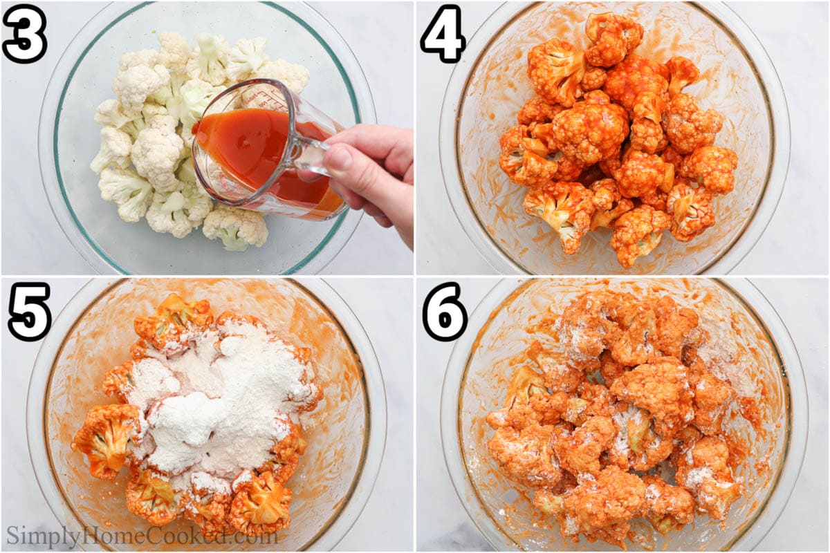 Steps to make Air Fryer Buffalo Cauliflower: adding the hot sauce and oil to the cauliflower and mixing, then adding the flour nd mixing again. 