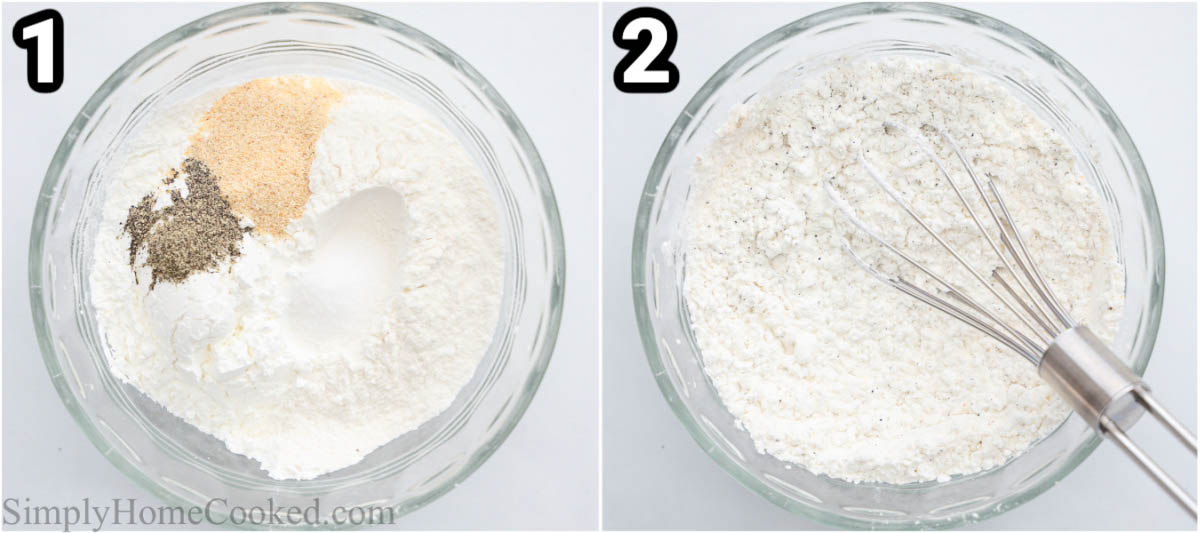 Steps to make Air Fryer Buffalo Cauliflower: combining the flour and seasonings with a whisk. 