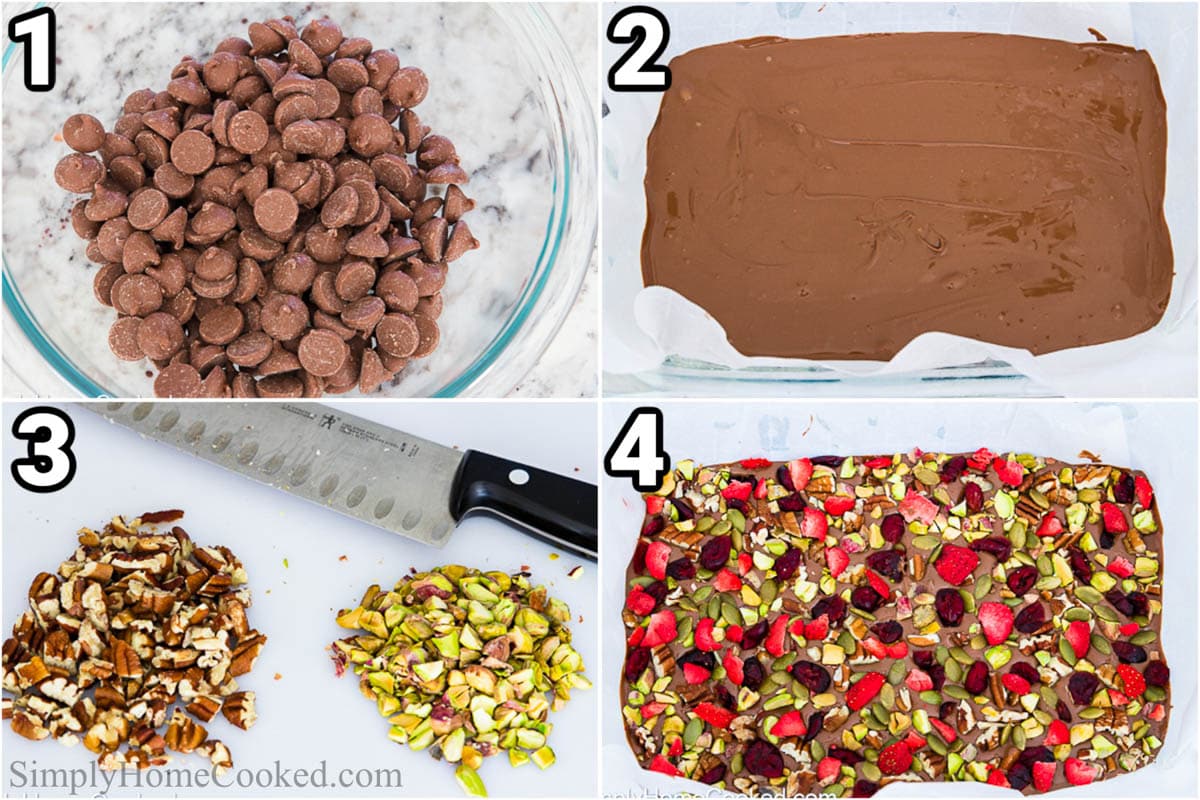 Fine quality chocolate, toasted nuts, and dried fruit make the perfect holiday chocolate bark. It's an easy no-bake dessert perfect for holiday potlucks. #chocolatebark #nobake #chocolatedessert #nobakedessert #quickdessert #easydessert Steps to make Chocolate Bark: melt chocolate chips in bowl and then spread it in a baking dish, add the chopped nuts and dried fruit.