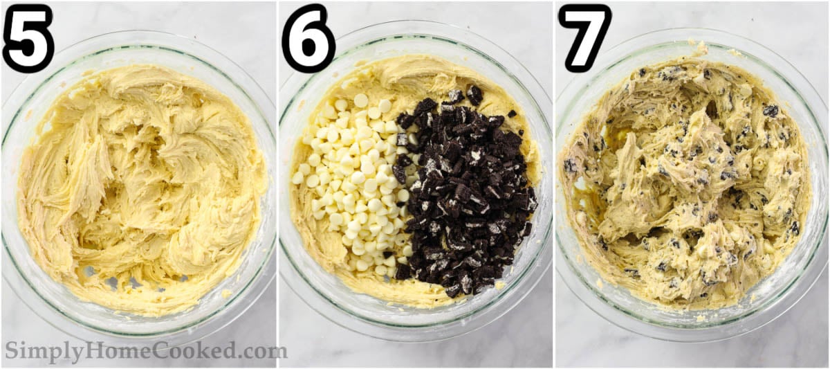 Steps to make Cookies and Cream Cookies: add the chocolate chips and Oreo pieces, then mix.