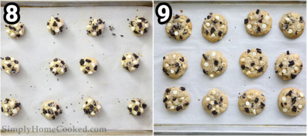 Steps to make Cookies and Cream Cookies: scoop and roll the dough into balls and bake.