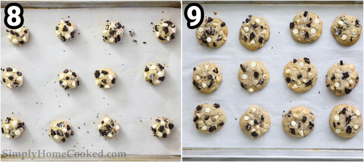 Steps to make Cookies and Cream Cookies: scoop and roll the dough into balls and bake.