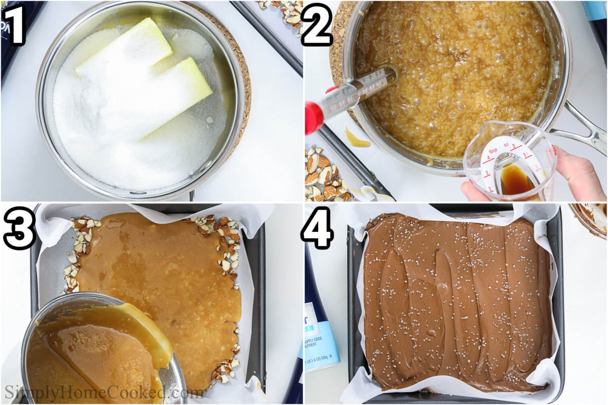 Steps to make this Easy Toffee recipe: melt the butter, salt, and sugar; simmer; add the vanilla; then pour almonds int he bottom of the pan, top with toffee, and then add chocolate and salt.
