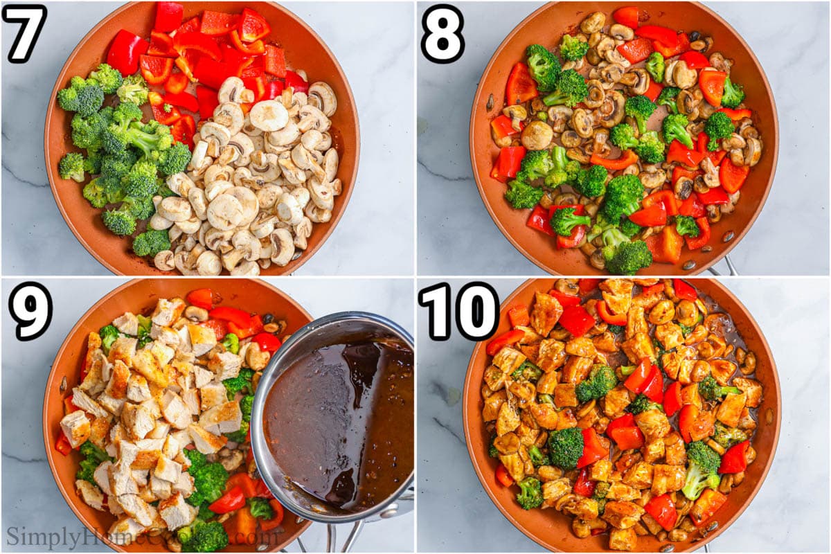 Steps to make Hunan Chicken: saute the vegetables, then add the sauce and chicken to the skillet and combine.