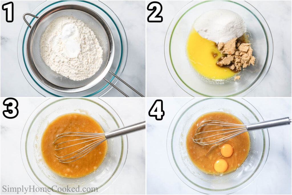 Steps to make Chewy M&M Cookies: sift the dry ingredients, add the sugars to the butter and then whisk in the egg yolks.