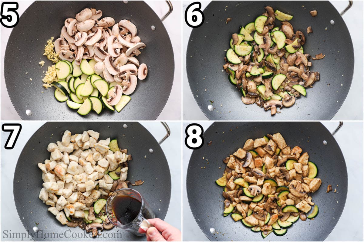 Steps to make Panda Express Mushroom Chicken: cook the mushrooms and zucchini in the wok, then add the chicken and the sauce ingredients and simmer.
