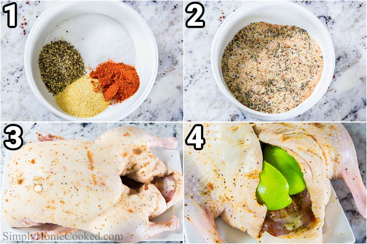 This easy roast duck recipe is so juicy, tender, and so flavorful. And the zesty orange glaze gives the golden crispy skin perfect sweetness! #roastduck #duckroast #holidayduck #dinnerduck #stuffedduck Steps to make Roast Duck recipe: combine the spices, then rub them on the duck, and then stuff the duck with apple halves.