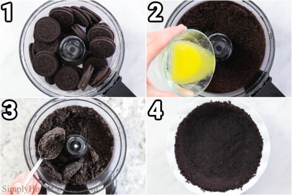 Steps to make Chocolate Cram Pie: crush the Oreos in a food processor, then add butter and press the mixture into a pie plate.